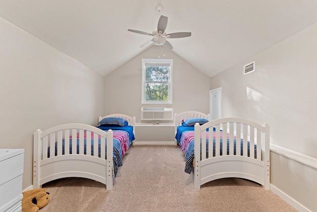 carpeted bedroom with lofted ceiling, a wall mounted AC, and ceiling fan