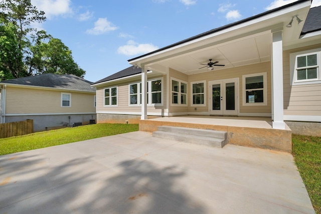 back of house featuring ceiling fan, french doors, and a patio area