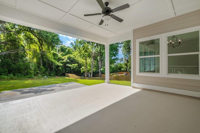 view of patio / terrace featuring fence and a ceiling fan