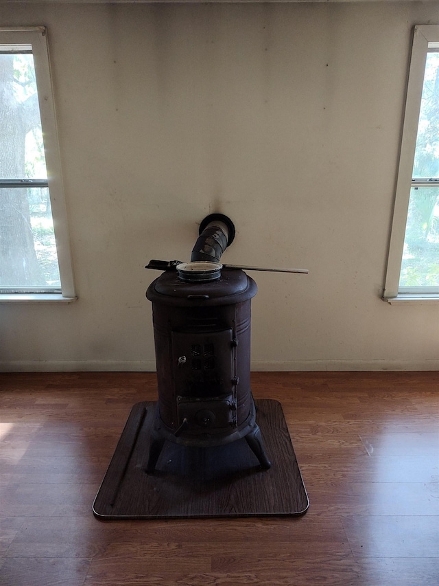 room details with wood-type flooring and a wood stove