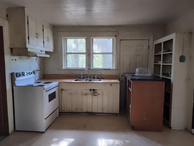 kitchen with sink, white cabinetry, and electric stove