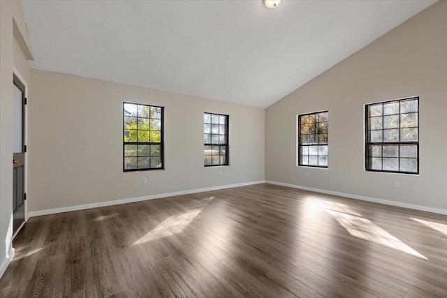 spare room with dark hardwood / wood-style floors, high vaulted ceiling, and a wealth of natural light