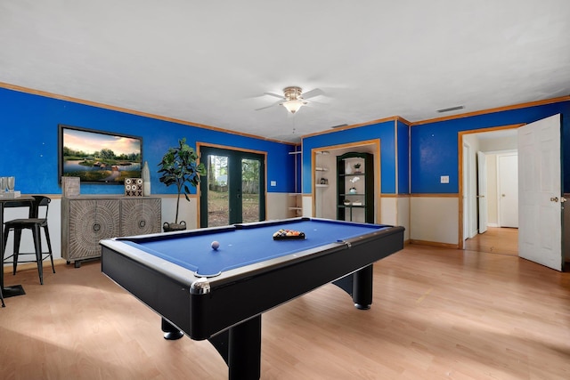 3508 Willow Springs Ln, Tallahassee, FL 32312 - rec room with a ceiling fan, billiards table, light wood-style floors, crown molding, and a wainscoted wall