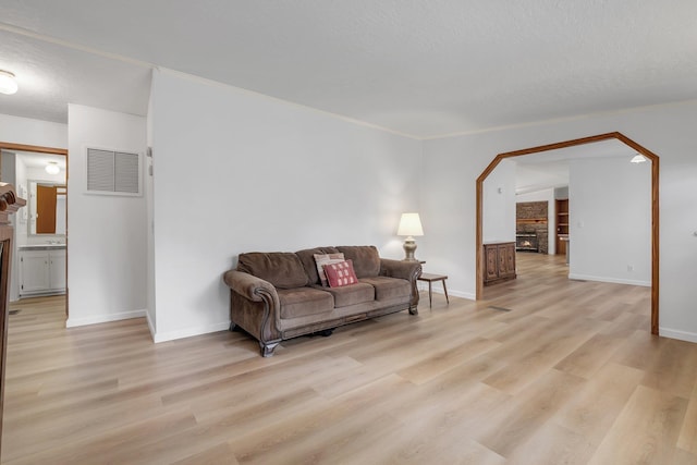 3375 Ben Stoutamire Rd, Tallahassee, FL 32310 - living area featuring light wood-type flooring, a fireplace, baseboards, a textured ceiling, and arched walkways
