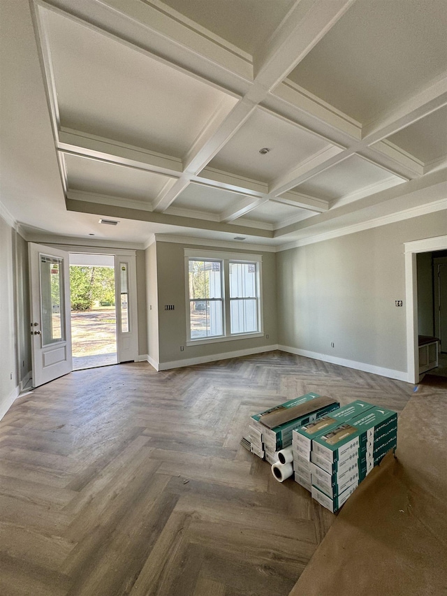 interior space with ornamental molding, coffered ceiling, beamed ceiling, and baseboards