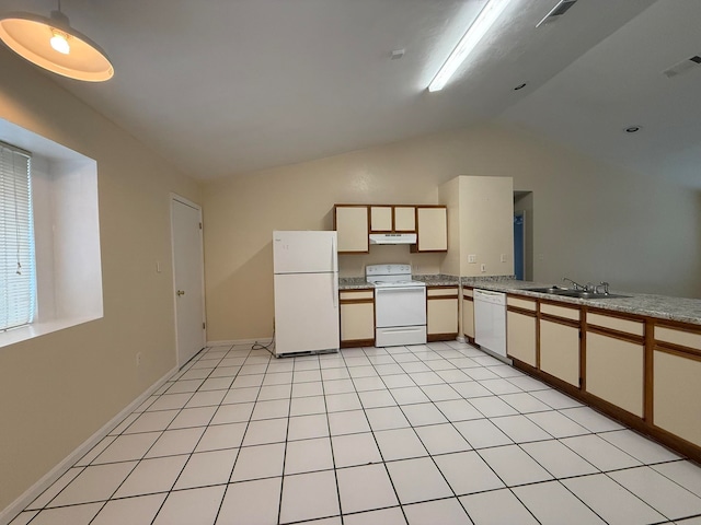 kitchen featuring white appliances, sink, light tile patterned floors, and vaulted ceiling