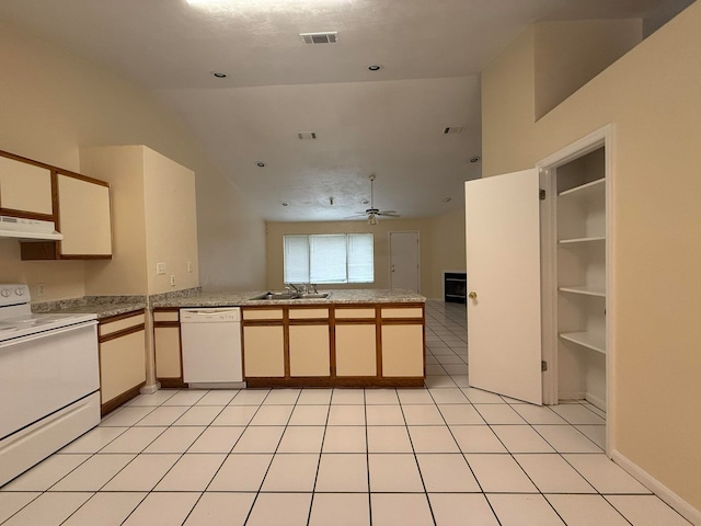 kitchen featuring kitchen peninsula, white appliances, vaulted ceiling, ceiling fan, and range hood