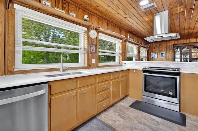 5975 Mount Pleasant Rd, Quincy, FL 32352 - kitchen with stainless steel appliances, a sink, island exhaust hood, wood ceiling, and light countertops