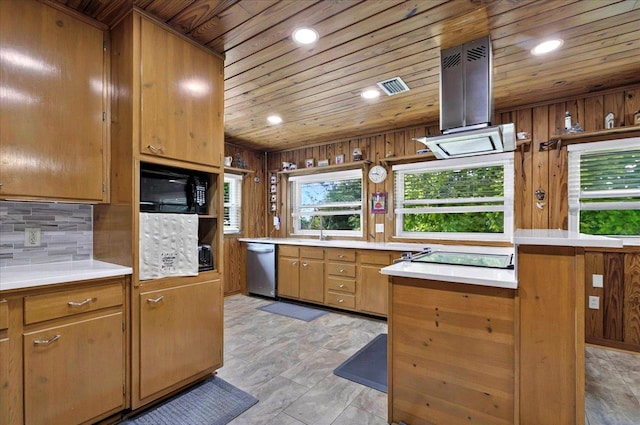 5975 Mount Pleasant Rd, Quincy, FL 32352 - kitchen with wood ceiling, dishwasher, black microwave, light countertops, and stovetop