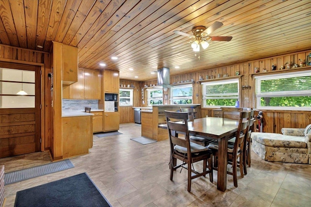 5975 Mount Pleasant Rd, Quincy, FL 32352 - dining area featuring healthy amount of natural light, wood ceiling, wooden walls, and ceiling fan