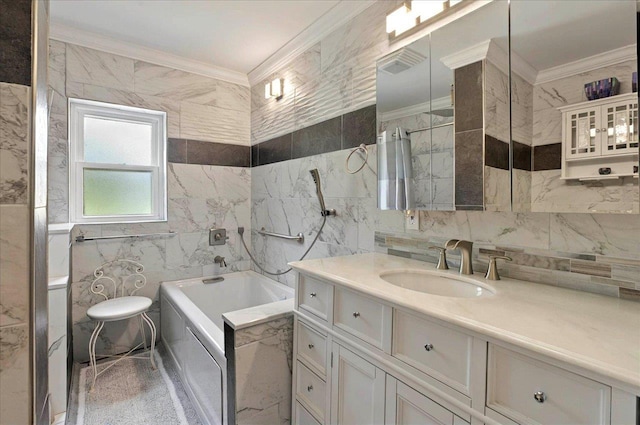 5975 Mount Pleasant Rd, Quincy, FL 32352 - bathroom featuring tile walls, ornamental molding, a garden tub, and vanity