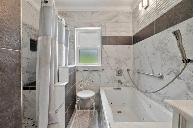 5975 Mount Pleasant Rd, Quincy, FL 32352 - bathroom featuring tiled shower, tile walls, a whirlpool tub, and crown molding