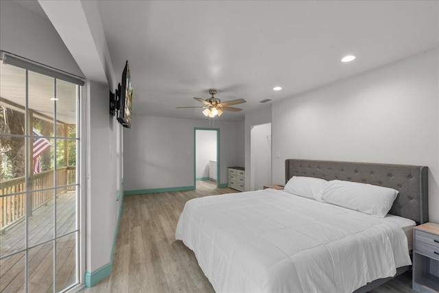 1334 Jr Howell Rd, Steinhatchee, FL 32359 - bedroom with wood finished floors, ceiling fan, baseboards, access to outside, and recessed lighting