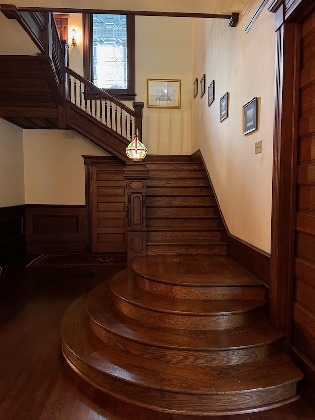 stairs featuring hardwood / wood-style flooring