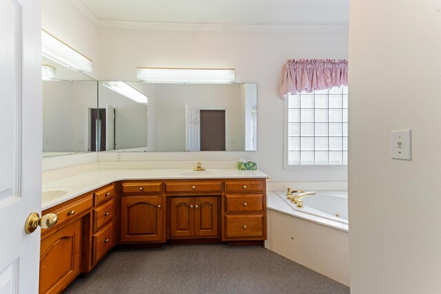 186 NW Whispering Pines Loop, Madison, FL 32340 - bathroom with double vanity, carpet, a tub with jets, and crown molding