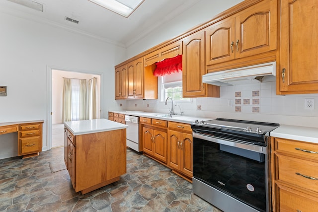 186 NW Whispering Pines Loop, Madison, FL 32340 - kitchen featuring stone finish flooring, stainless steel range with electric cooktop, visible vents, under cabinet range hood, and dishwasher