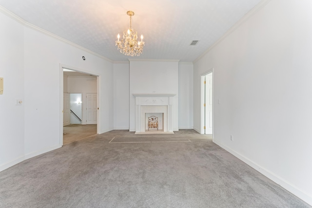 186 NW Whispering Pines Loop, Madison, FL 32340 - unfurnished living room with carpet flooring, an inviting chandelier, visible vents, crown molding, and a fireplace with flush hearth