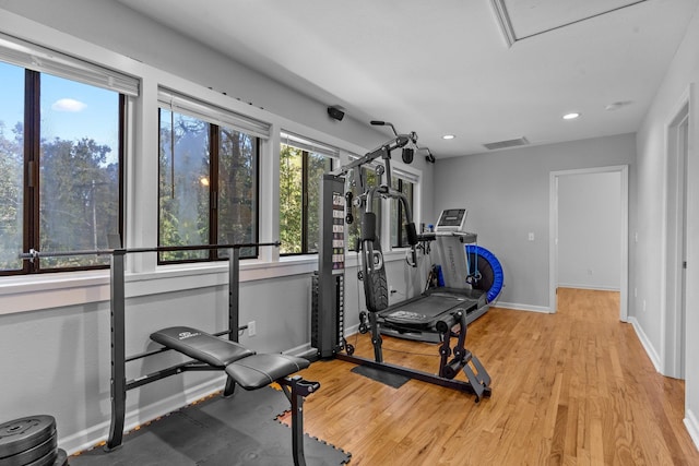 workout room with light hardwood / wood-style floors