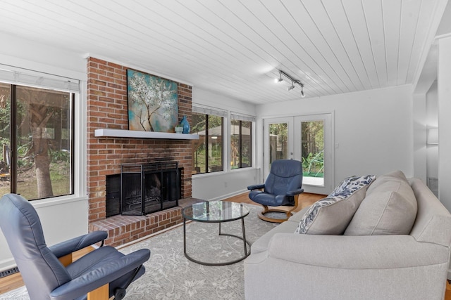 living room with french doors, wood-type flooring, track lighting, and a fireplace