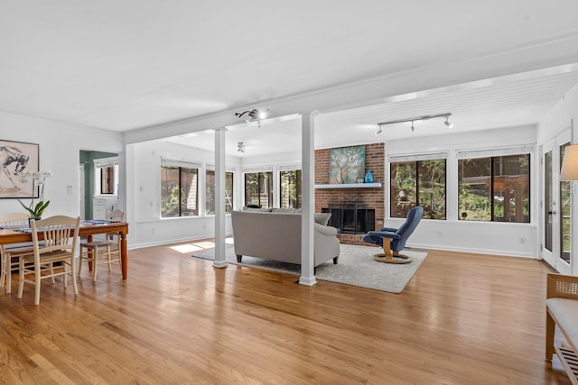 living room with light wood-type flooring, a fireplace, rail lighting, and a healthy amount of sunlight