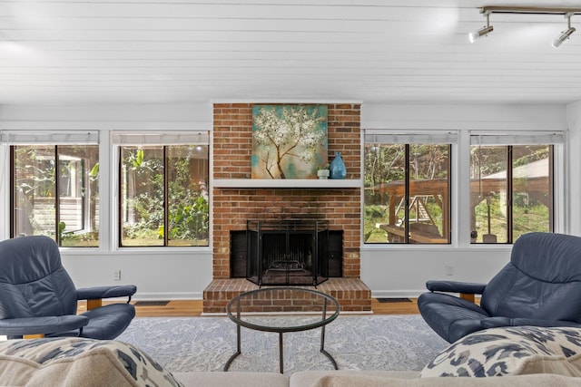 living room with hardwood / wood-style floors, rail lighting, and a brick fireplace