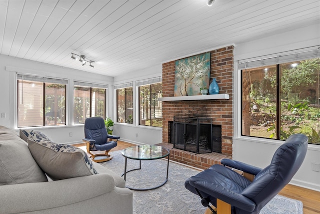 living room with a brick fireplace, hardwood / wood-style floors, rail lighting, and a healthy amount of sunlight