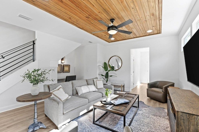 living room with light hardwood / wood-style floors, ceiling fan, and wood ceiling