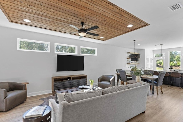 living room featuring light hardwood / wood-style floors, ceiling fan, and wood ceiling