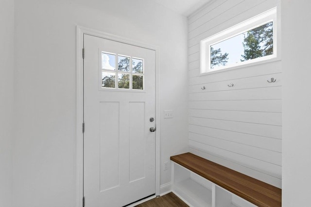 mudroom featuring wood walls and dark wood-type flooring