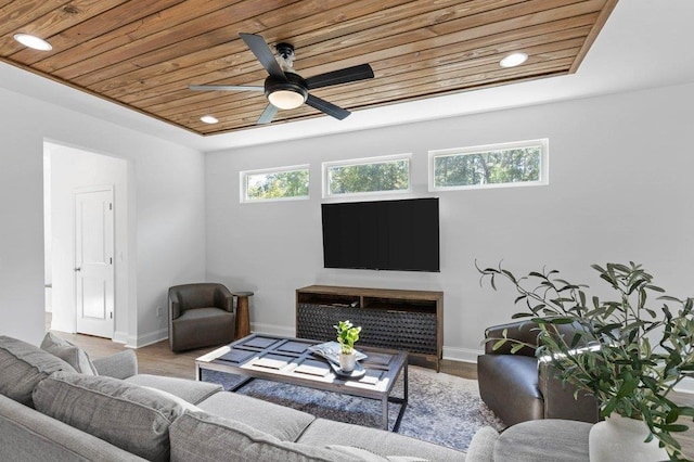 living room with wood-type flooring, ceiling fan, and wood ceiling