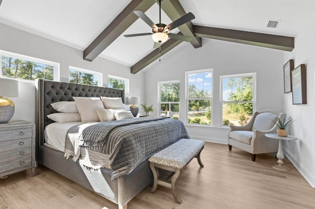 bedroom with light hardwood / wood-style flooring, multiple windows, and ceiling fan