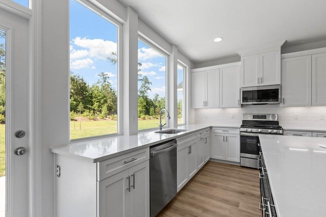 kitchen with white cabinets, a wealth of natural light, and appliances with stainless steel finishes