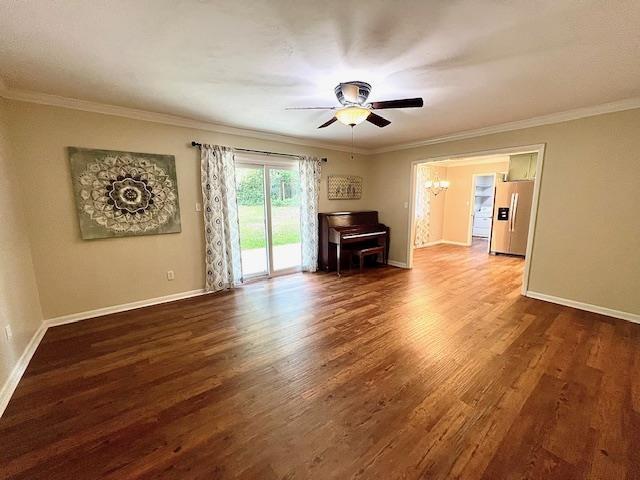 2401 Mexia Ave, Tallahassee, FL 32304 - unfurnished living room with ceiling fan, baseboards, wood finished floors, and ornamental molding