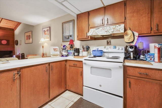1292 Rumba Ln -, Unit Tallahassee, FL 32304 - kitchen with white range with electric cooktop, under cabinet range hood, a peninsula, light countertops, and light tile patterned floors