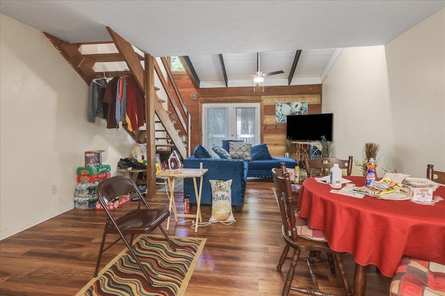 1292 Rumba Ln -, Unit Tallahassee, FL 32304 - dining room with stairs, wood finished floors, ceiling fan, wood walls, and beam ceiling