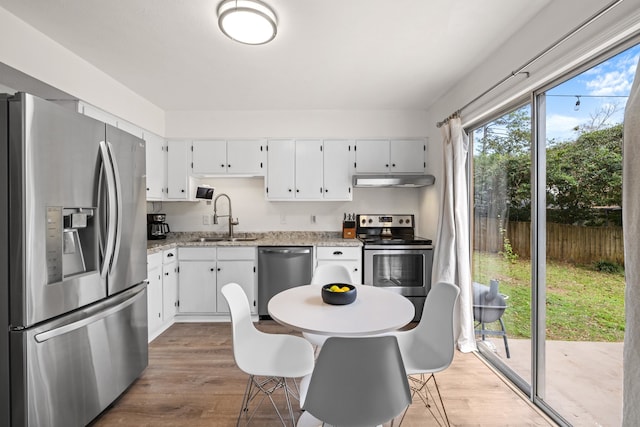 kitchen featuring light wood finished floors, stainless steel appliances, white cabinetry, a sink, and under cabinet range hood