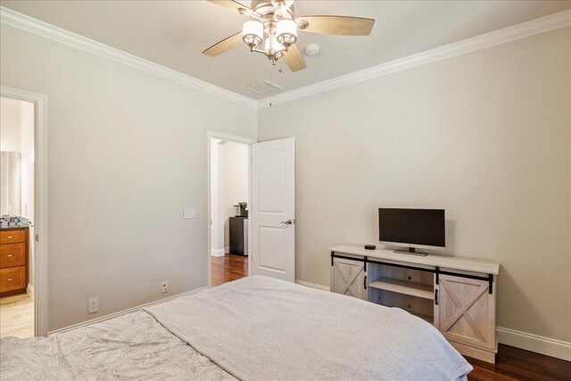 8017 Oak Grove Plantation Rd, Tallahassee, FL 32312 - bedroom with baseboards, ornamental molding, wood finished floors, ceiling fan, and ensuite bathroom