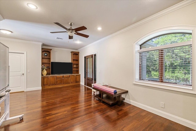 8017 Oak Grove Plantation Rd, Tallahassee, FL 32312 - living area with dark wood finished floors, a ceiling fan, baseboards, ornamental molding, and recessed lighting