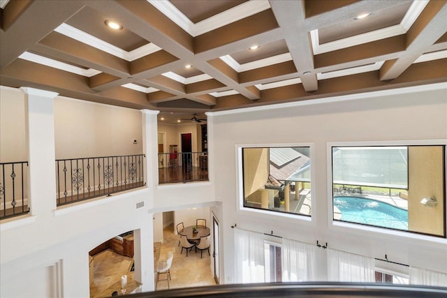8017 Oak Grove Plantation Rd, Tallahassee, FL 32312 - detailed view of coffered ceiling, ornamental molding, beamed ceiling, decorative columns, and ceiling fan