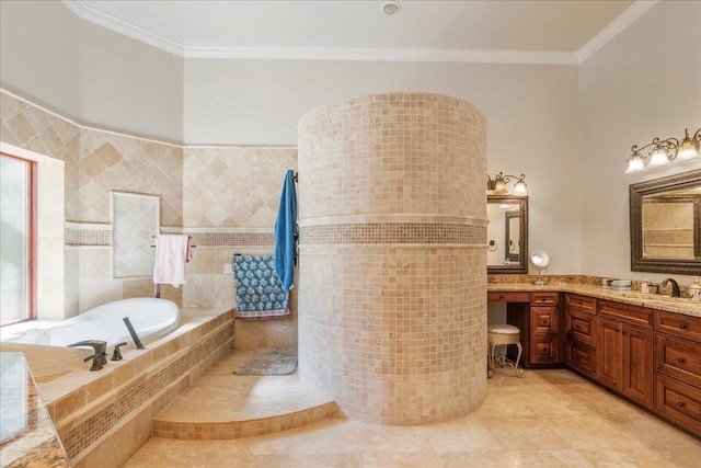 8017 Oak Grove Plantation Rd, Tallahassee, FL 32312 - bathroom featuring ornamental molding, a bath, vanity, and tile patterned floors