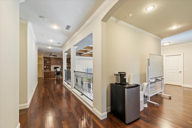 8017 Oak Grove Plantation Rd, Tallahassee, FL 32312 - hallway with crown molding, hardwood / wood-style floors, baseboards, recessed lighting, and arched walkways