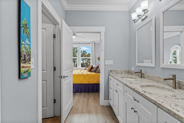 bathroom with crown molding, wood-type flooring, and vanity