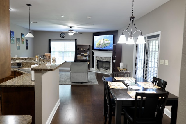 325 Mine Rd, Midway, FL 32343 - dining room with a fireplace with raised hearth, a ceiling fan, and dark wood finished floors