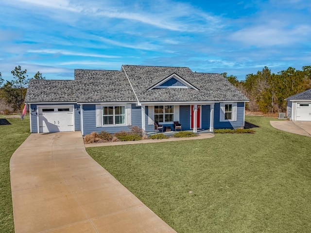 single story home featuring a garage, a front lawn, and a porch