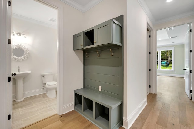 mudroom featuring crown molding, sink, and light hardwood / wood-style flooring