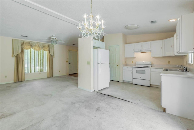 4545 Thomasville Rd, Tallahassee, FL 32309 - kitchen with white appliances, under cabinet range hood, a sink, light countertops, and white cabinets