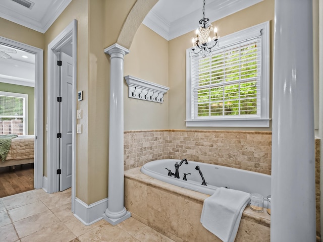 bathroom featuring ornate columns, tiled bath, an inviting chandelier, and ornamental molding