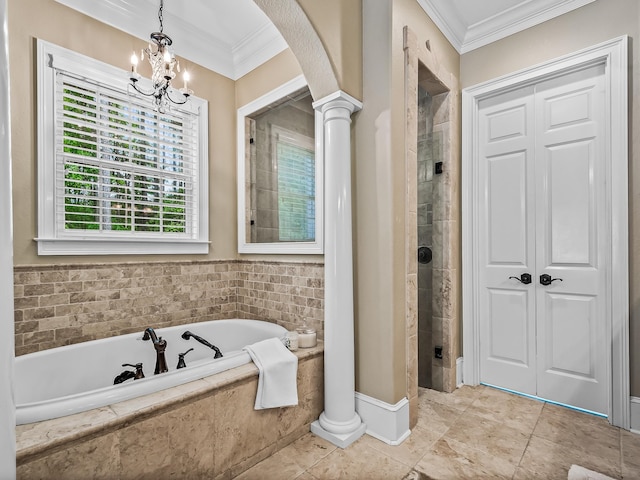 bathroom featuring a chandelier, ornate columns, separate shower and tub, and crown molding