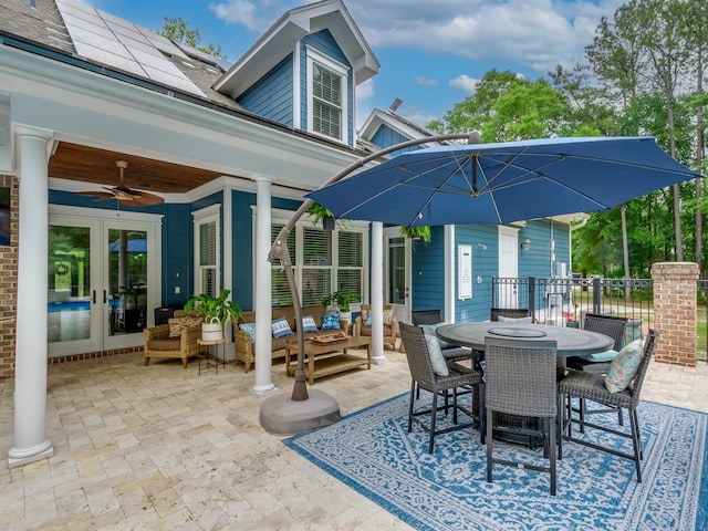 view of patio / terrace with outdoor lounge area, french doors, and ceiling fan