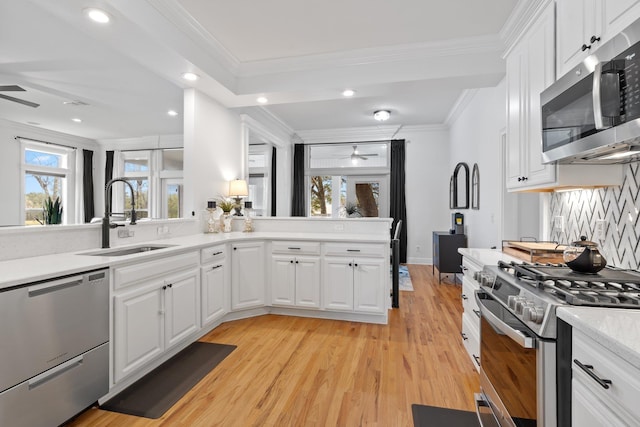 kitchen with appliances with stainless steel finishes, white cabinets, ceiling fan, crown molding, and sink